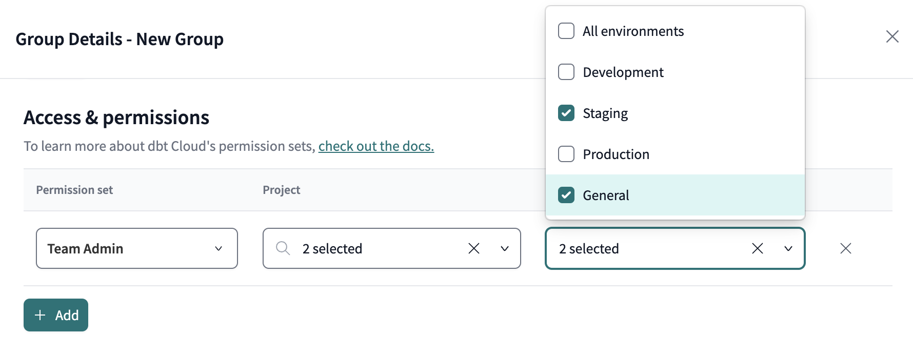 A list of available environments with the Staging and General boxes selected. A list of available environments with the Staging and General boxes selected.